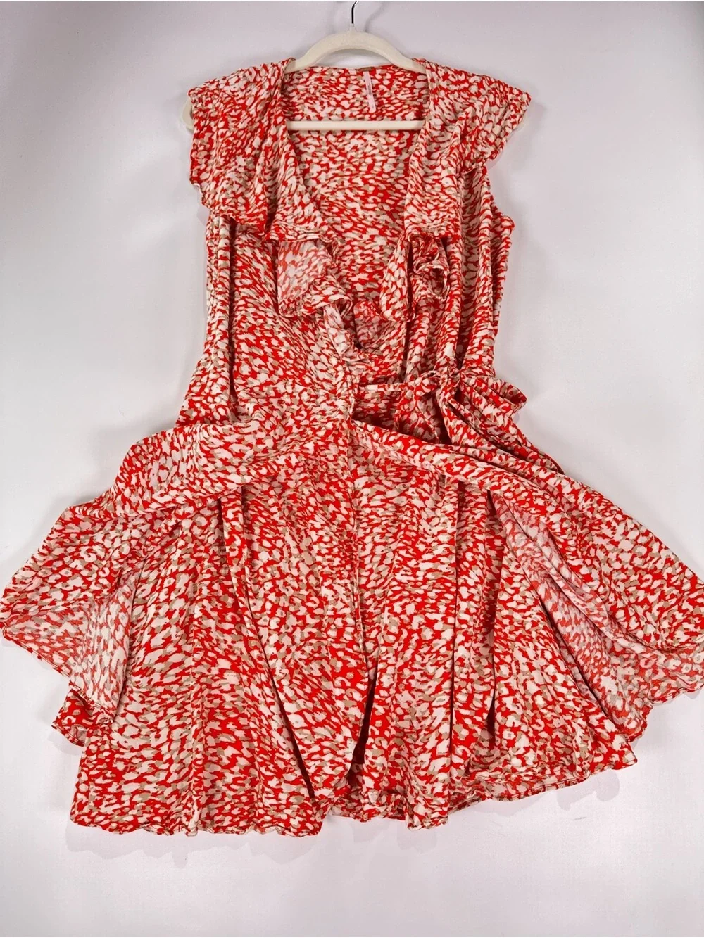 Free People French Quarter Wrap Dress Ruffle Abstract Print Red L